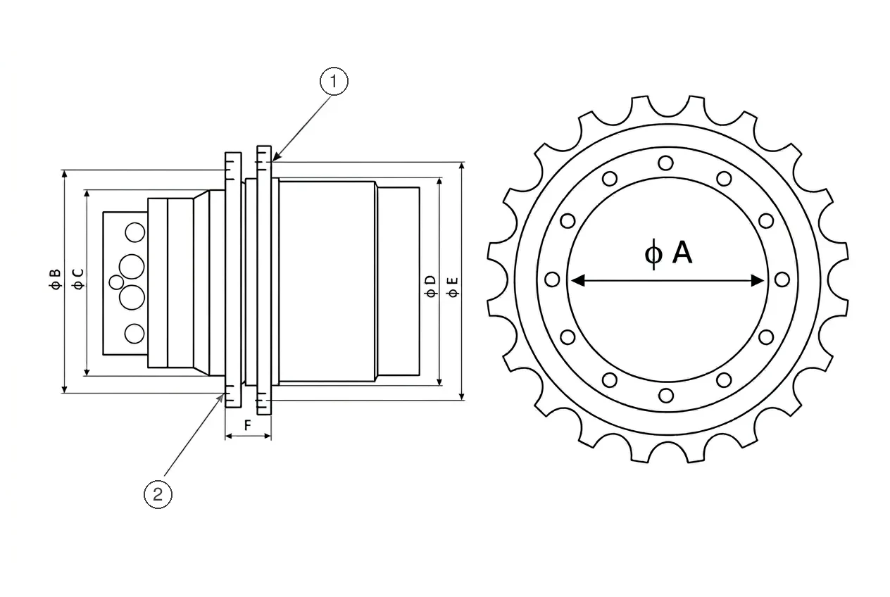 Final drive-track motor measurement diagram — flange connection and dimensions A to F